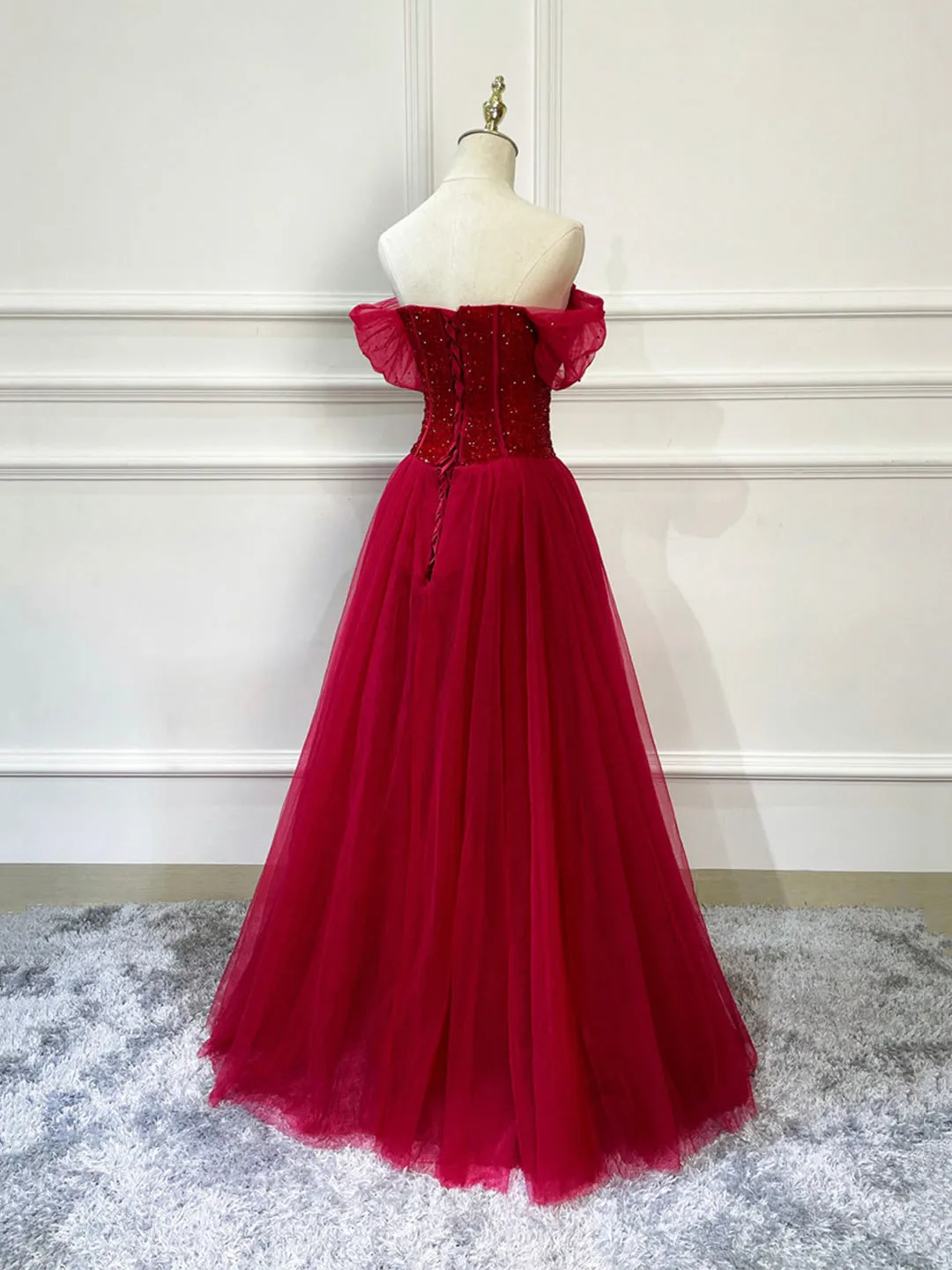 Burgundy Tulle Beaded Long Formal Dress Off Shoulder Evening Party Dress