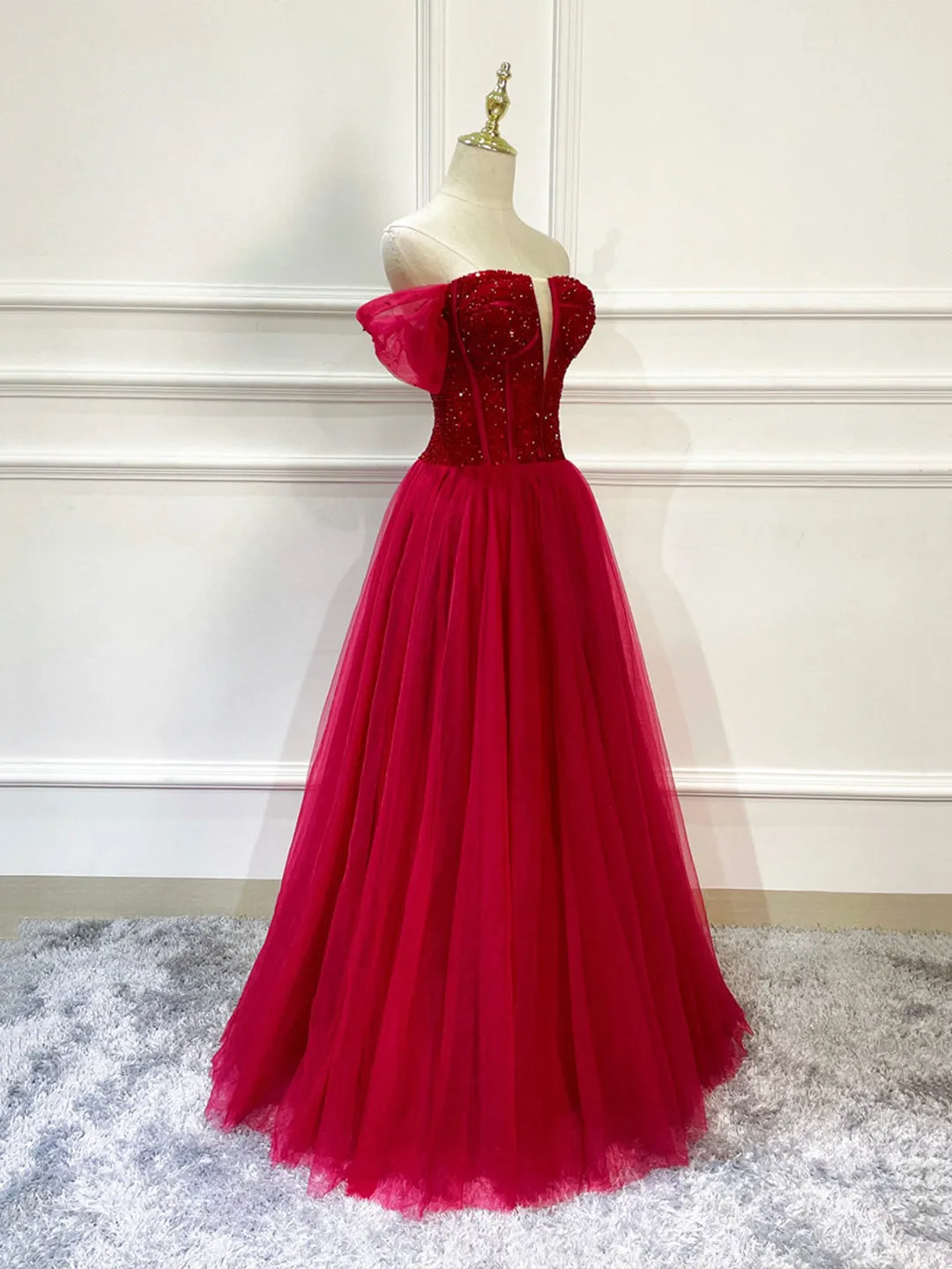 Burgundy Tulle Beaded Long Formal Dress Off Shoulder Evening Party Dress