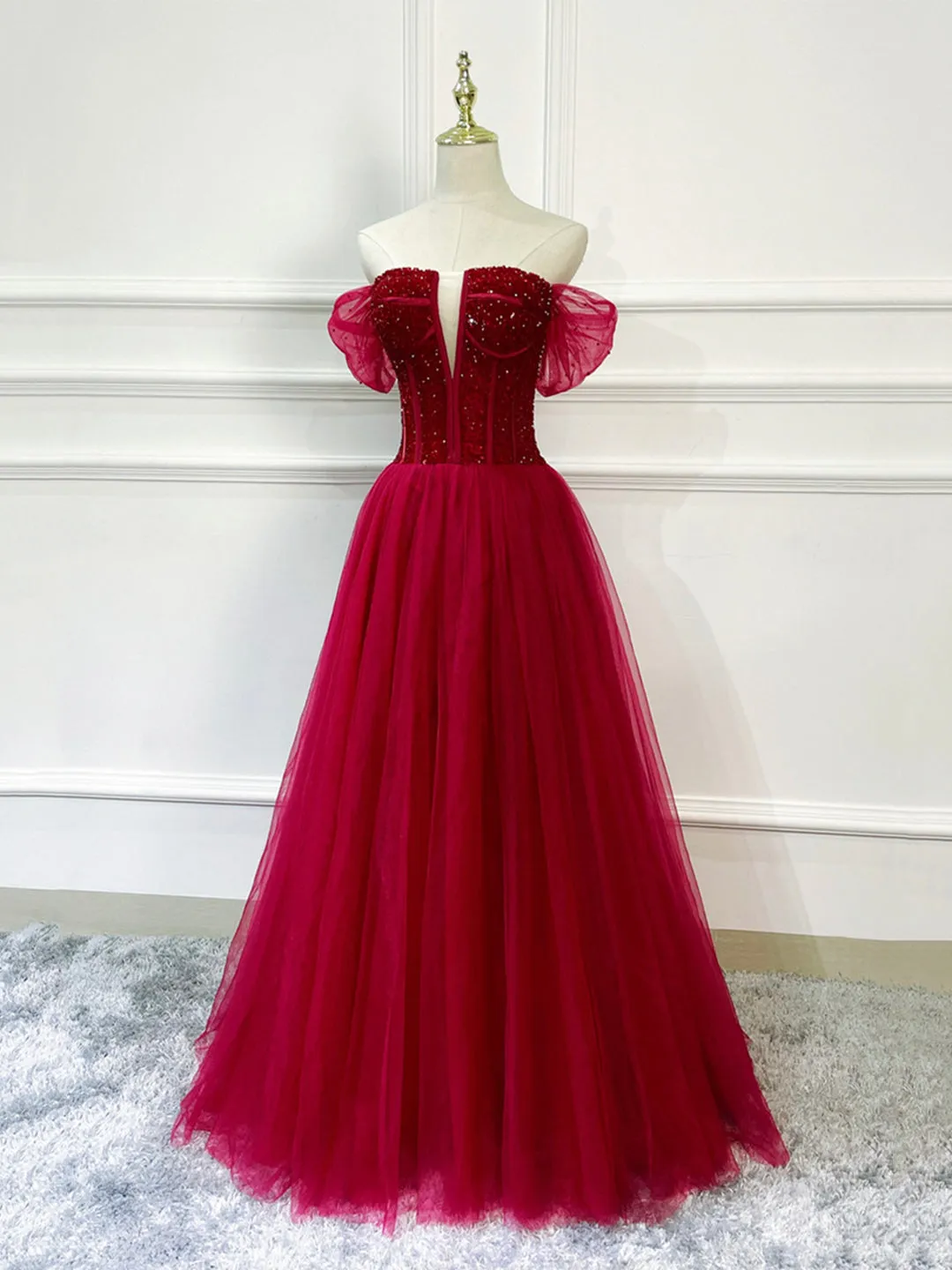 Burgundy Tulle Beaded Long Formal Dress Off Shoulder Evening Party Dress