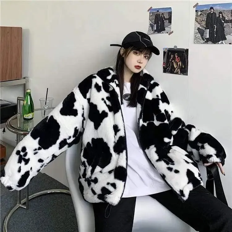 Casual Trendy Plush Cow Color Stand-up Collar Cotton Jacket