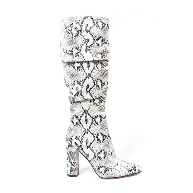 Colorful Snake Skin High Heel Thick Pointed Toe Zip Pleated Boots