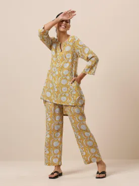 Cotton Hand Block Printed Yellow Co-Ord Set