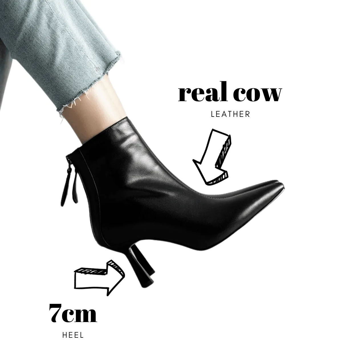 Cow Leather Pointed Toe High Heel Ankle Boots