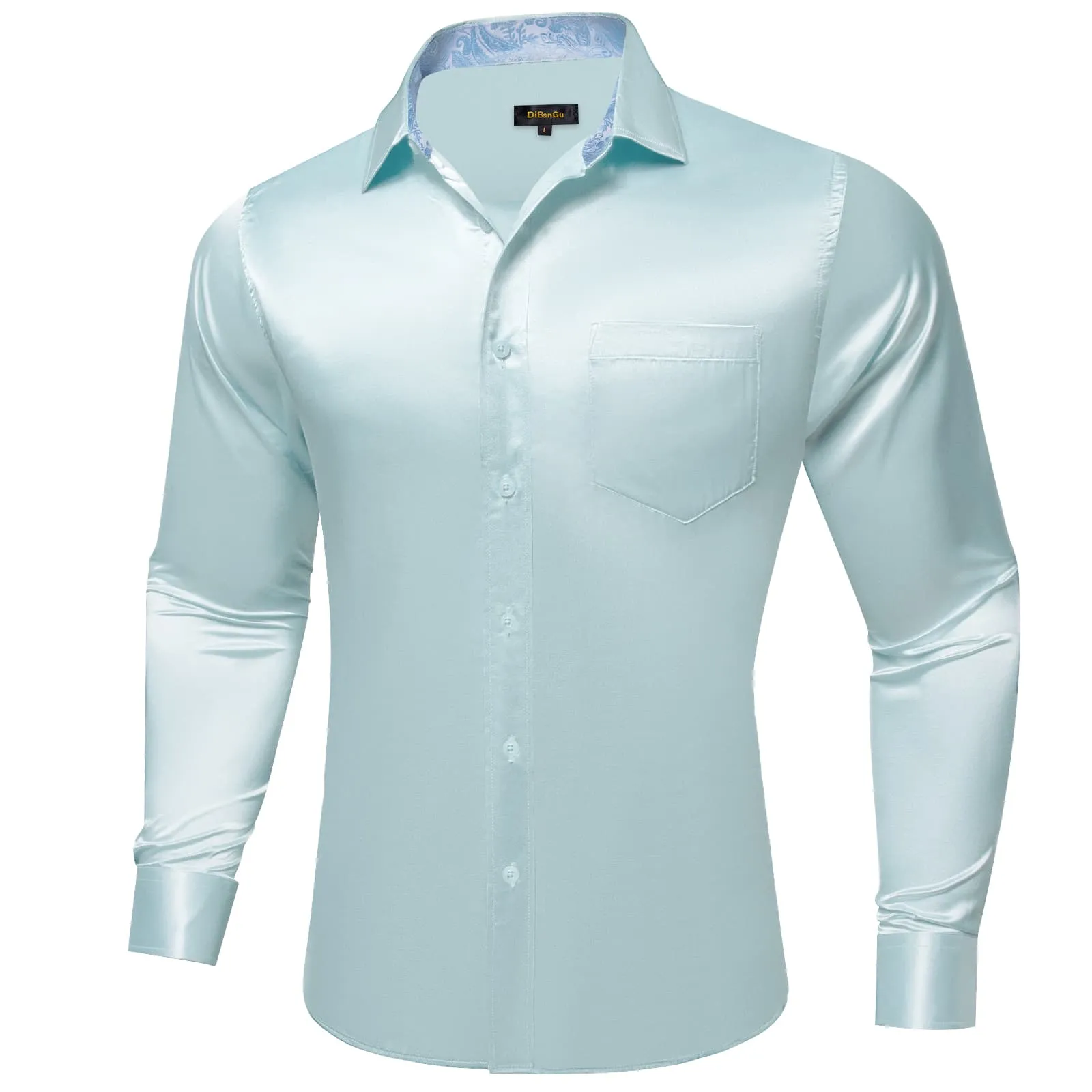 DiBanGu Tuxedo Shirt Pastel Blue Solid Satin Silk Button Up Long Sleeve Men's Dress Shirt