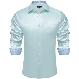 DiBanGu Tuxedo Shirt Pastel Blue Solid Satin Silk Button Up Long Sleeve Men's Dress Shirt