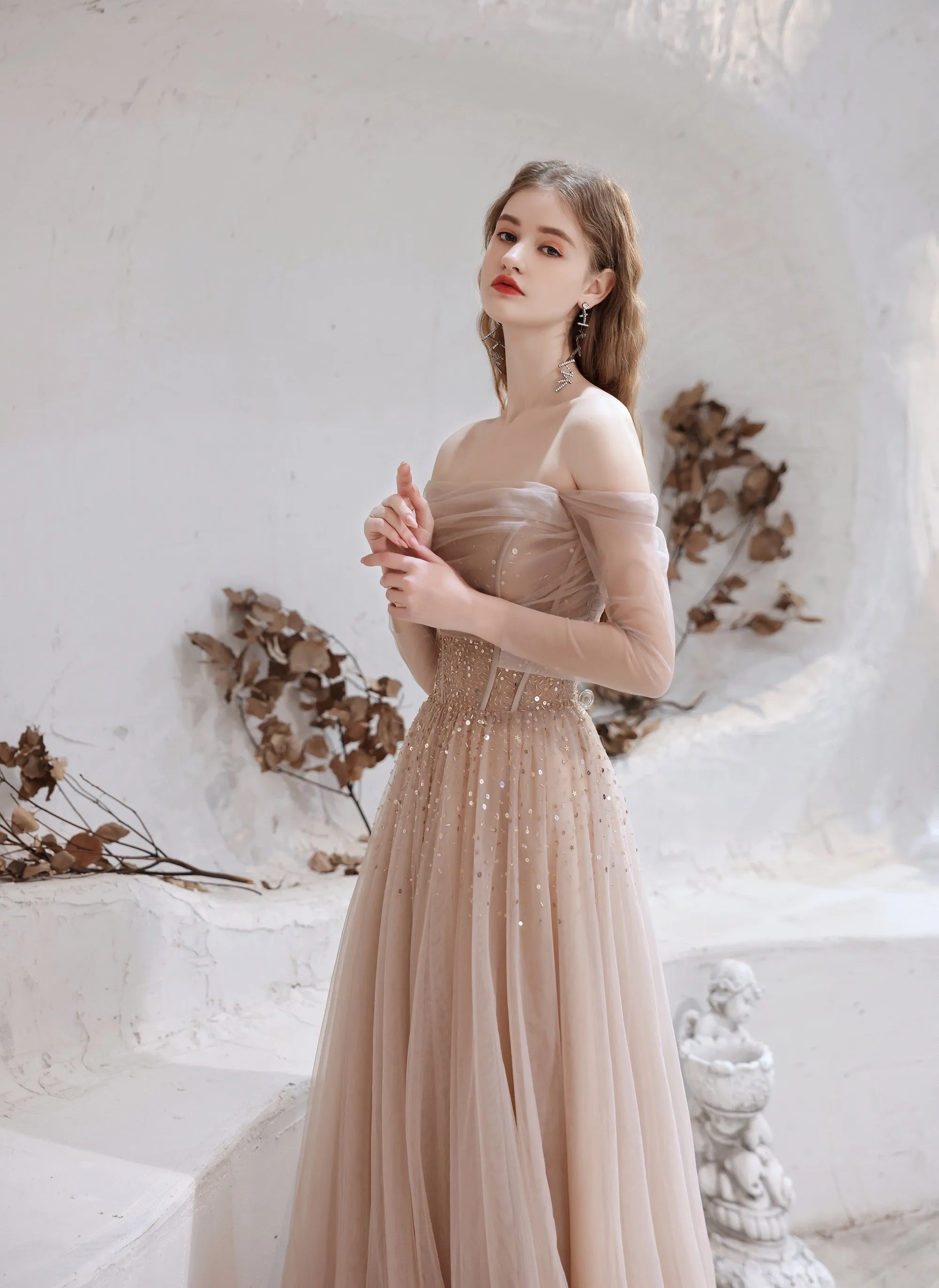 Evening Dress Nude Color A Line Bateau Neck Floor Length Sequins Formal Party Dresses Pageant Dress