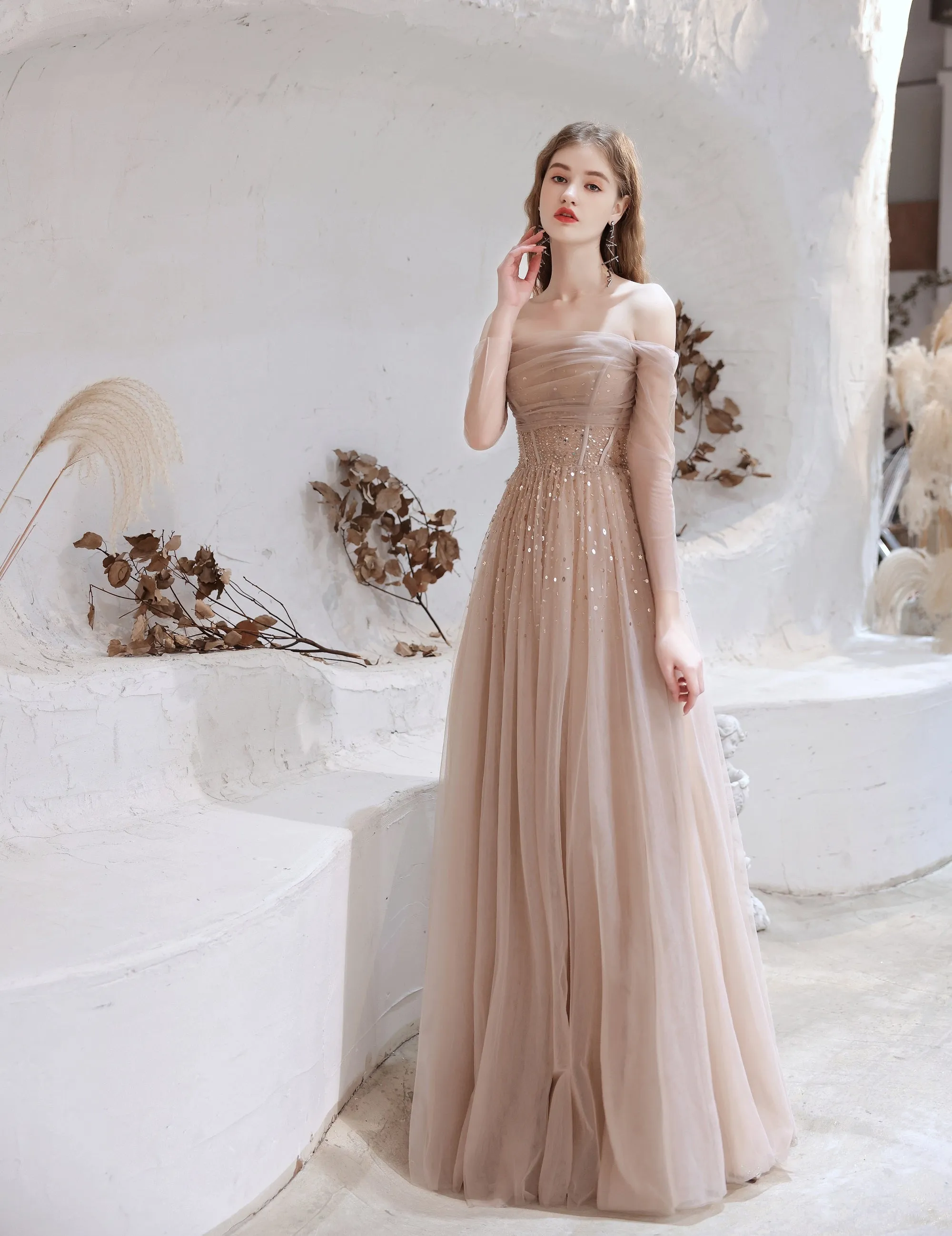 Evening Dress Nude Color A Line Bateau Neck Floor Length Sequins Formal Party Dresses Pageant Dress