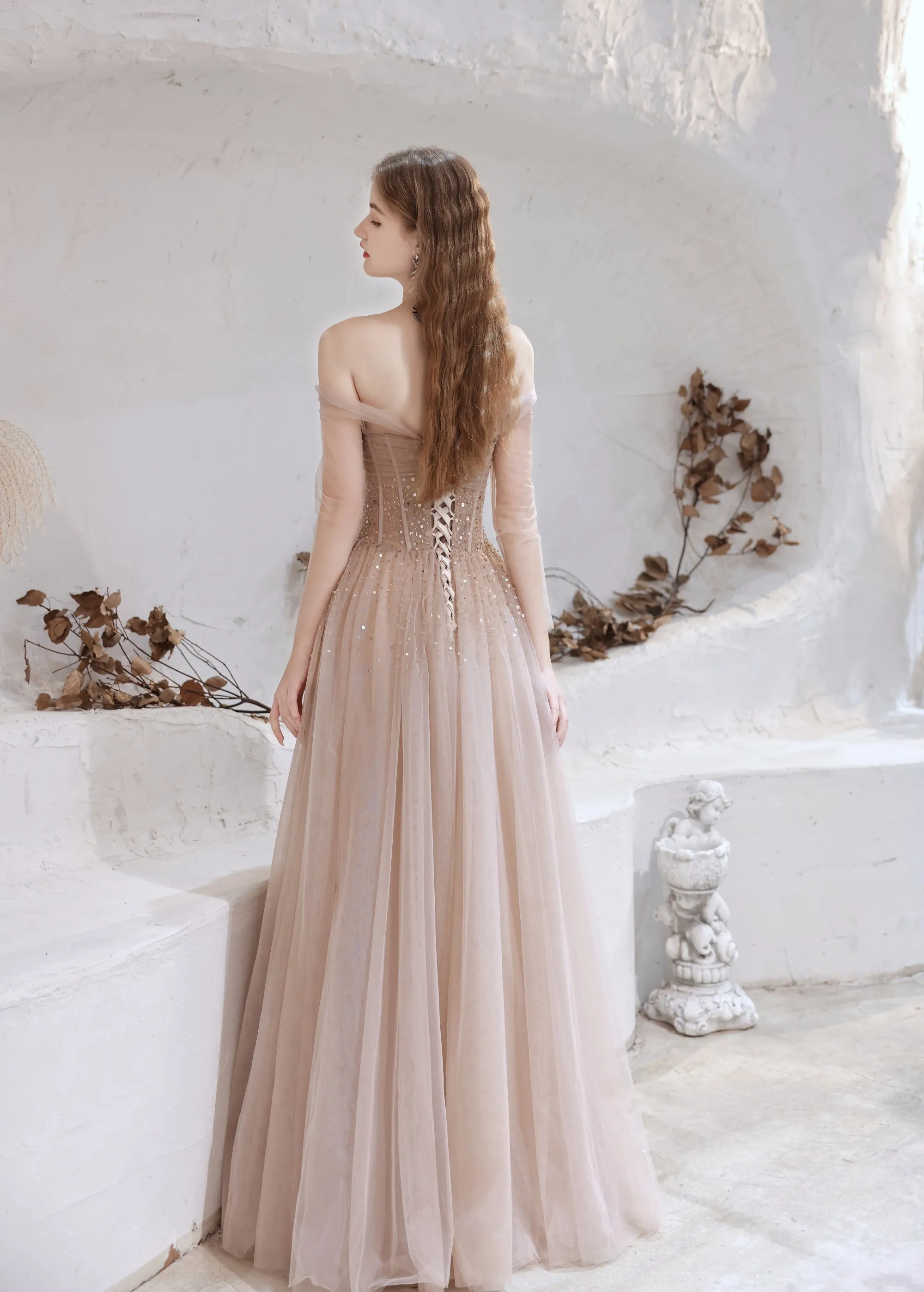 Evening Dress Nude Color A Line Bateau Neck Floor Length Sequins Formal Party Dresses Pageant Dress