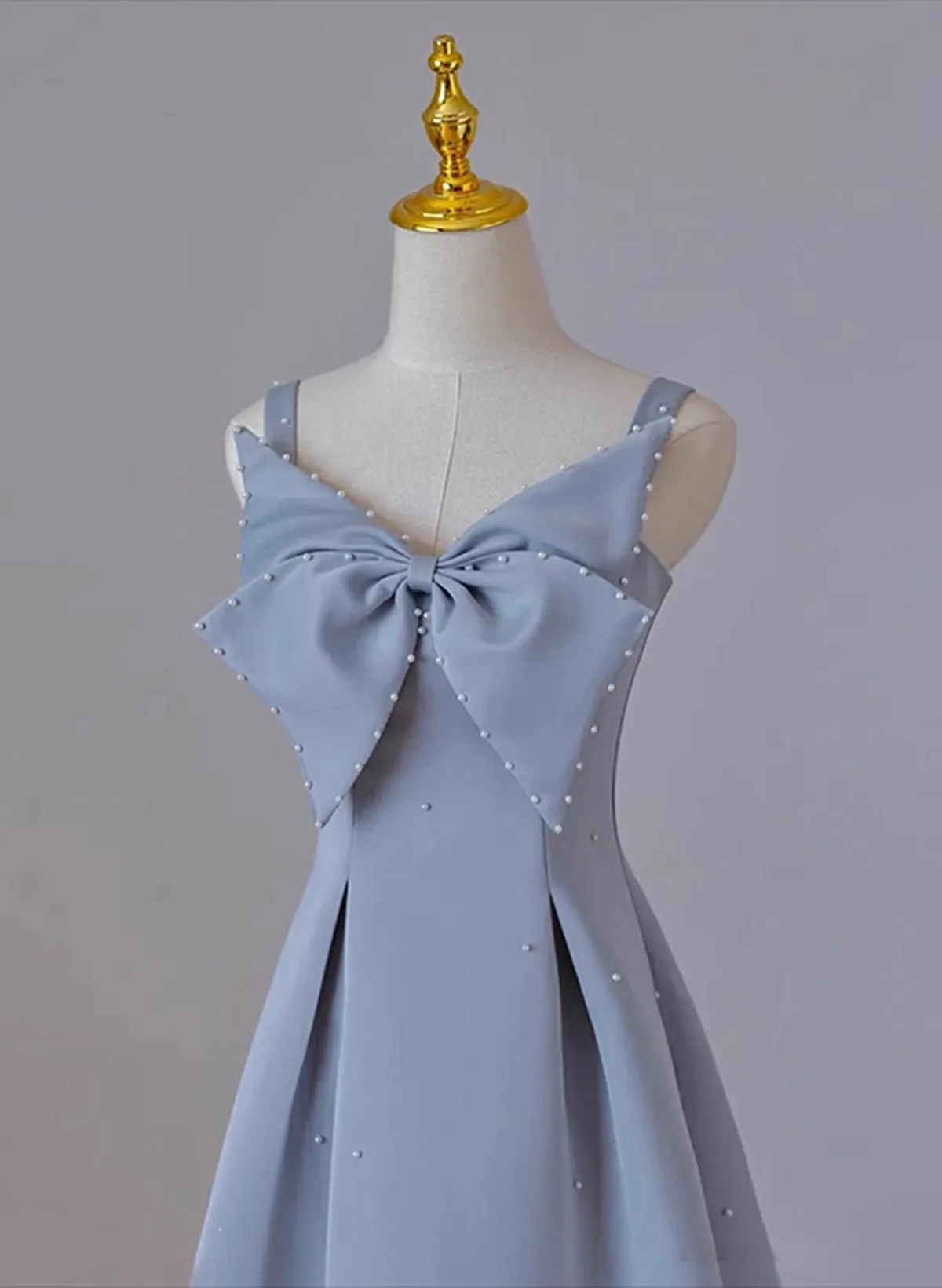 Grey Blue Tea Length Satin Straps Formal Dress, A-line Wedding Party Dress