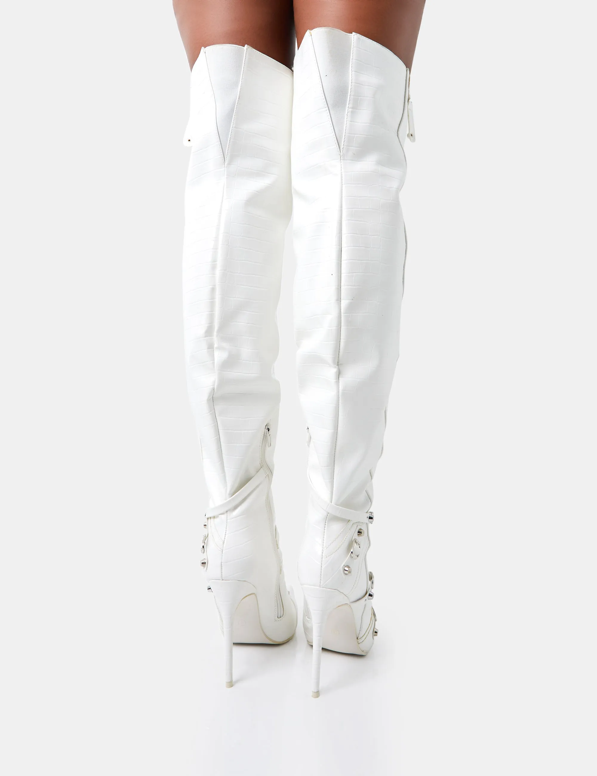 Kodak White Croc Pointed Toe Zip Detail Over The Knee Boots