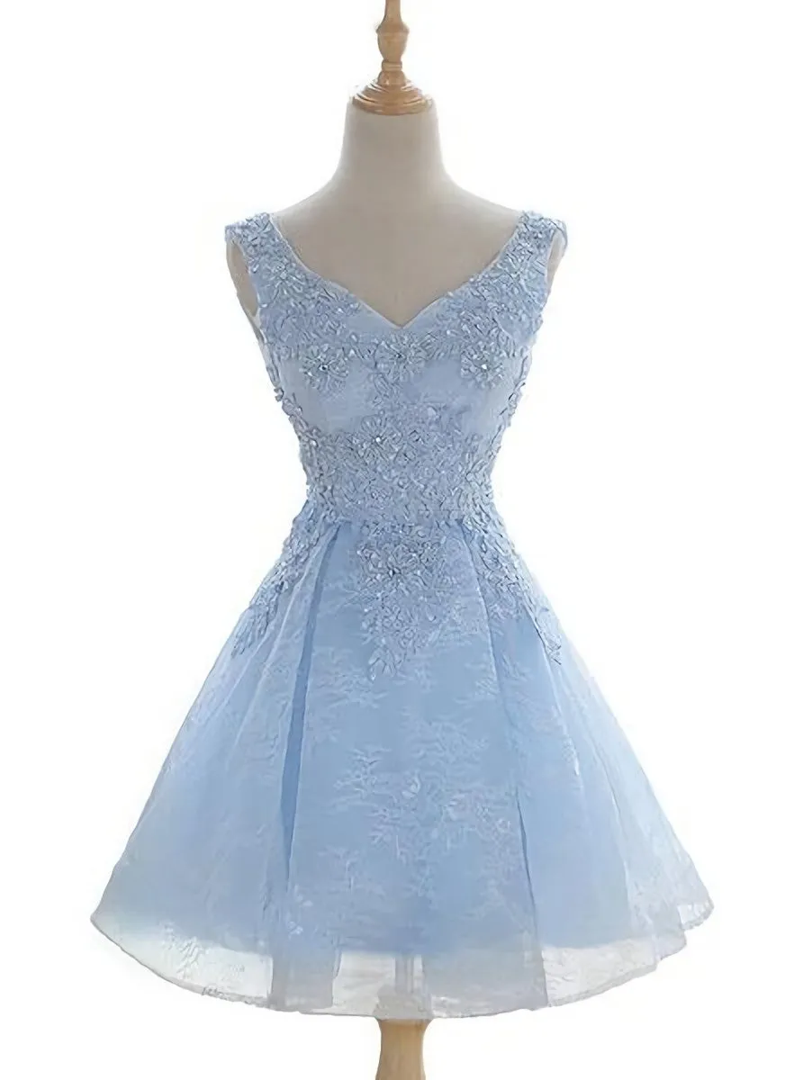 Light Blue Cute V Neckline Lace Short Party Dress Lace Formal Dress Lace Party Dresses B0622