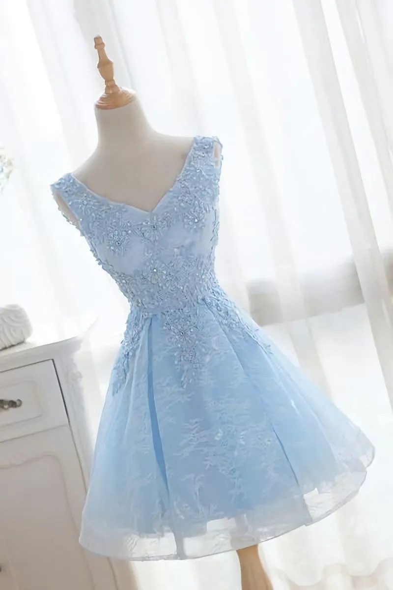 Light Blue Cute V Neckline Lace Short Party Dress Lace Formal Dress Lace Party Dresses B0622