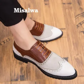 Misalwa White Brown Italian Style Men Formal Leather Shoe Gentleman Dress Suit Shoes Wing Tip Full Brogue Wedding Party Oxfords