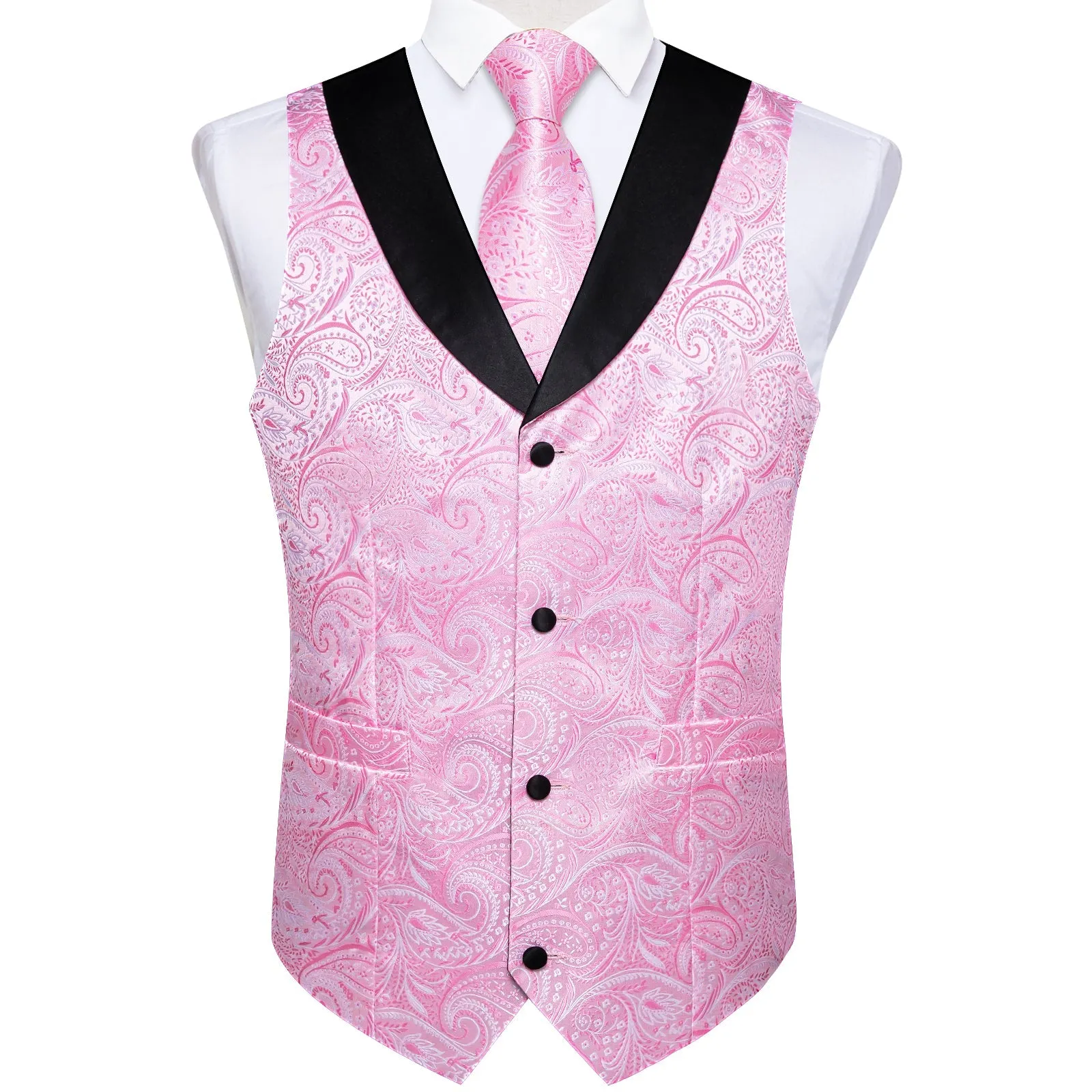 Pink Paisley Black Collar Vest Tie Hanky Cufflinks Set