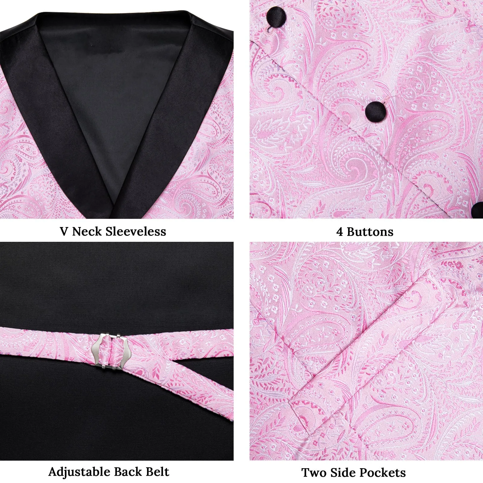 Pink Paisley Black Collar Vest Tie Hanky Cufflinks Set