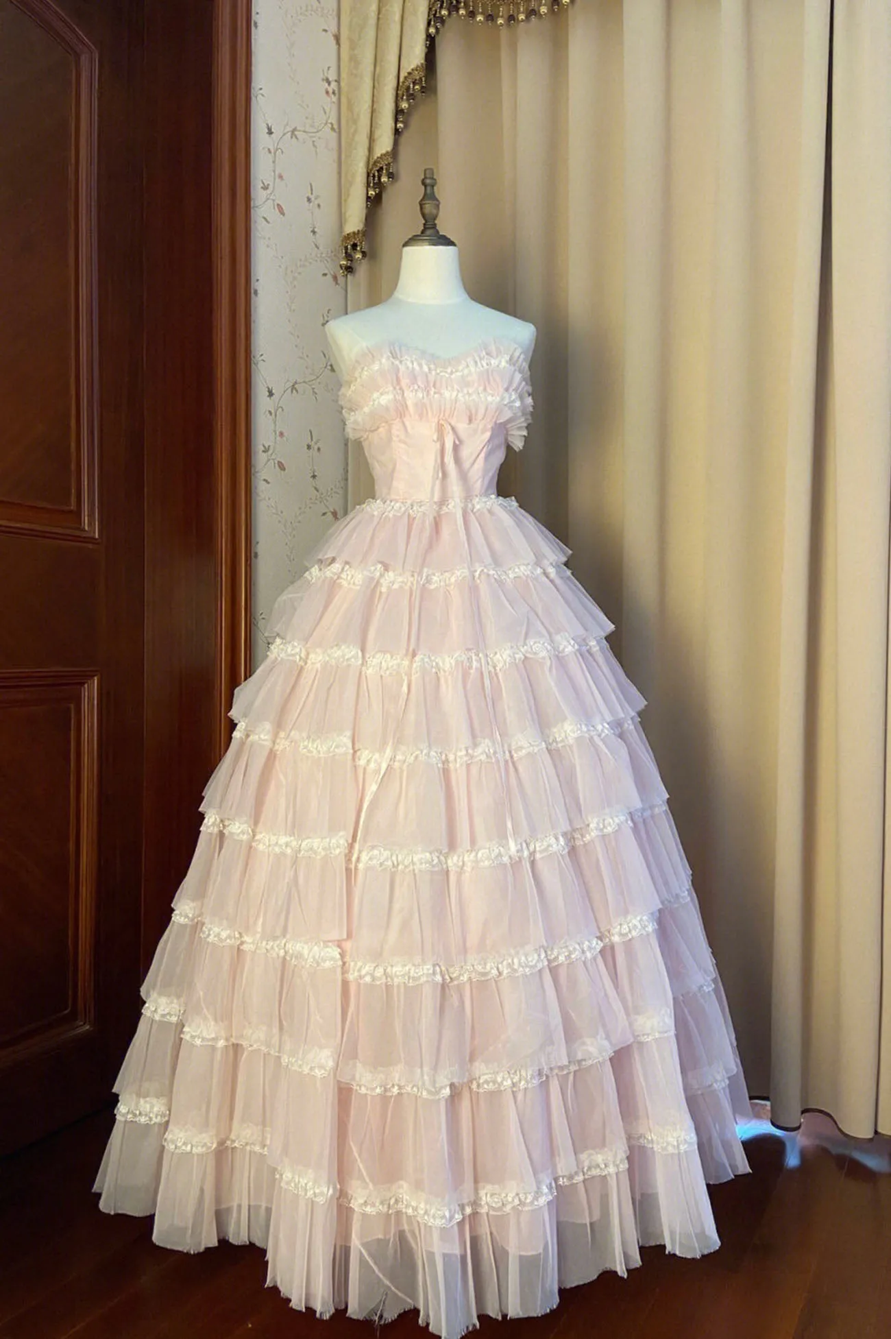 Pink Strapless Layers Tulle Long Party Dress Glam Prom Dress Formal Gown