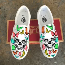 Rainbow Butterfly Skull - Custom Slip Ons White