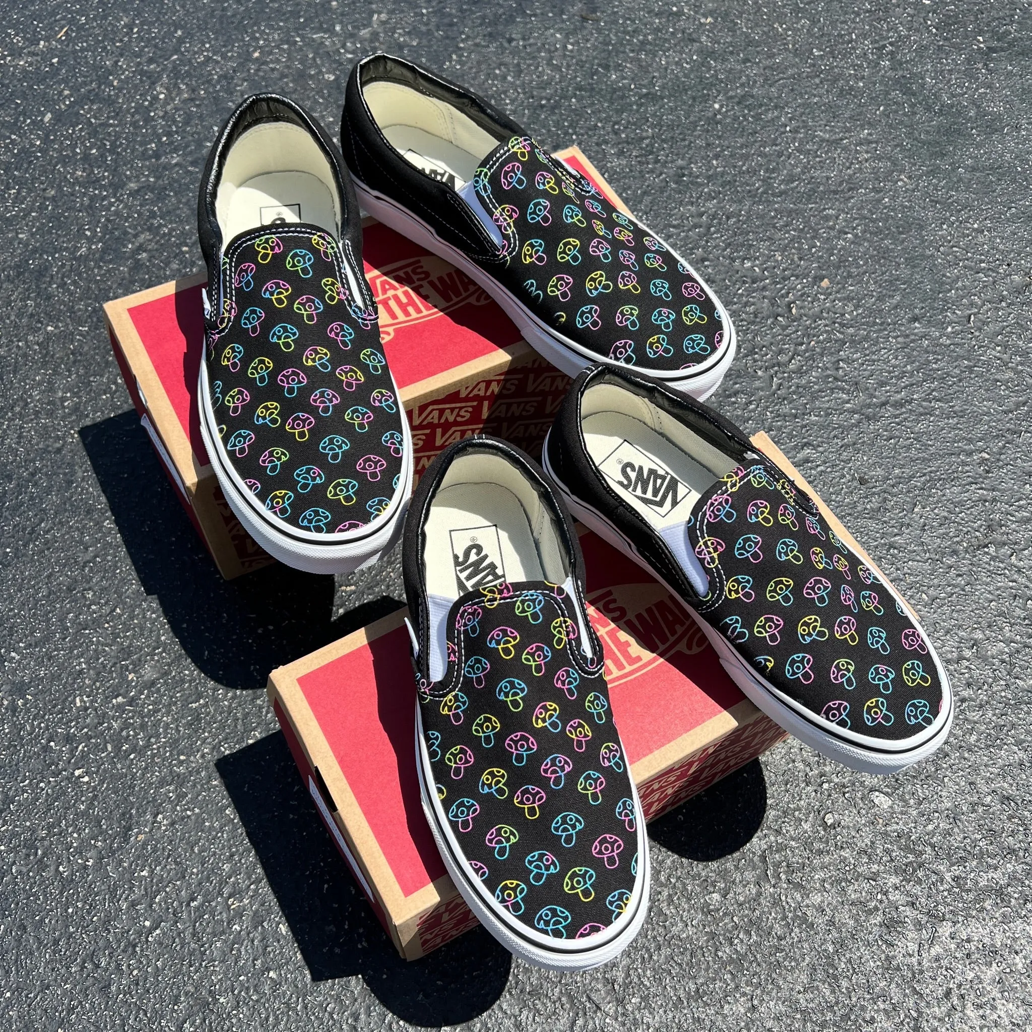 Rave Trippy Mushroom Shoes - Custom Vans Black Slip On Shoes