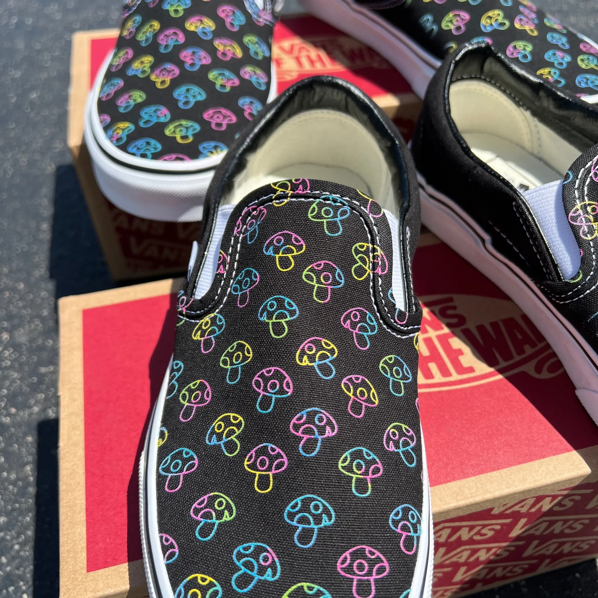 Rave Trippy Mushroom Shoes - Custom Vans Black Slip On Shoes