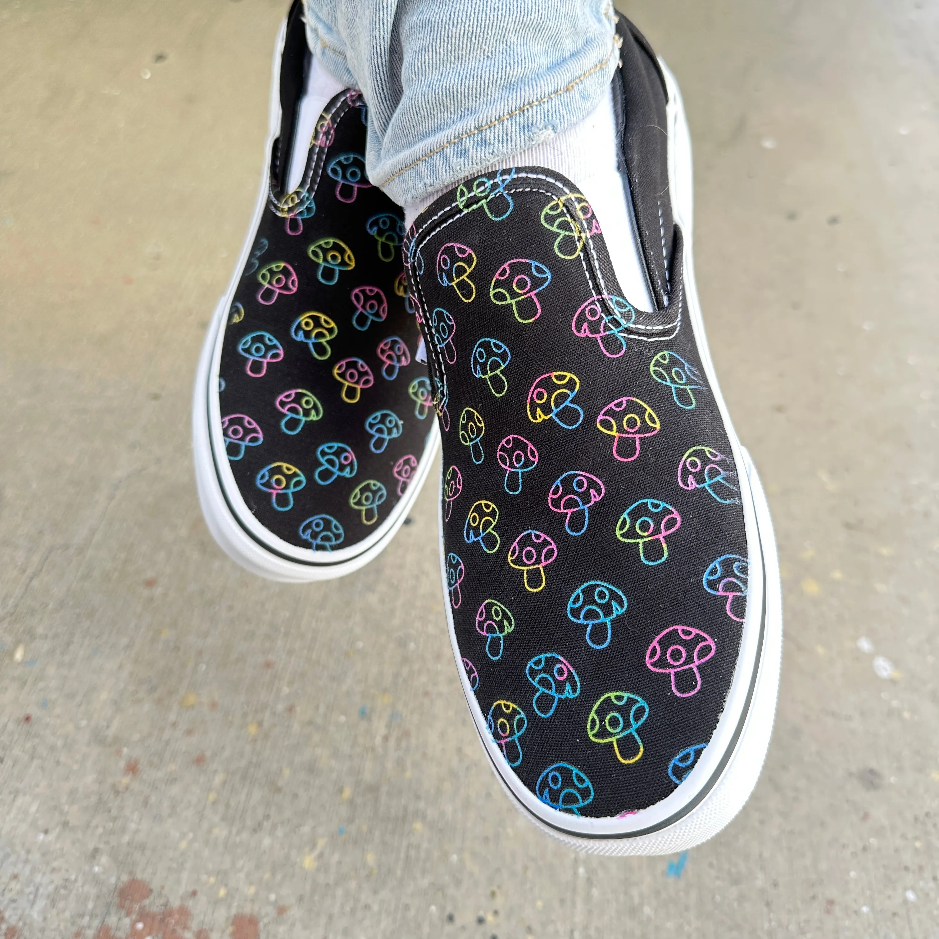 Rave Trippy Mushroom Shoes - Custom Vans Black Slip On Shoes