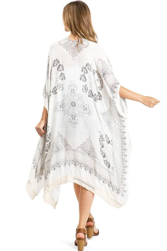 White and Grey Boho Print Kimono